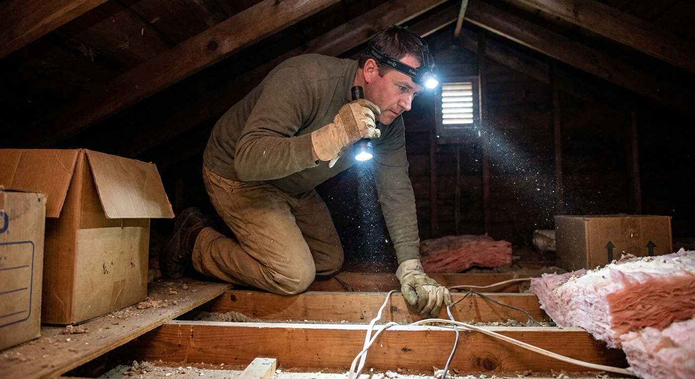A real photo of a homeowner wearing a headlamp and gloves carefully inspecting an attic while standing on ceiling joists
