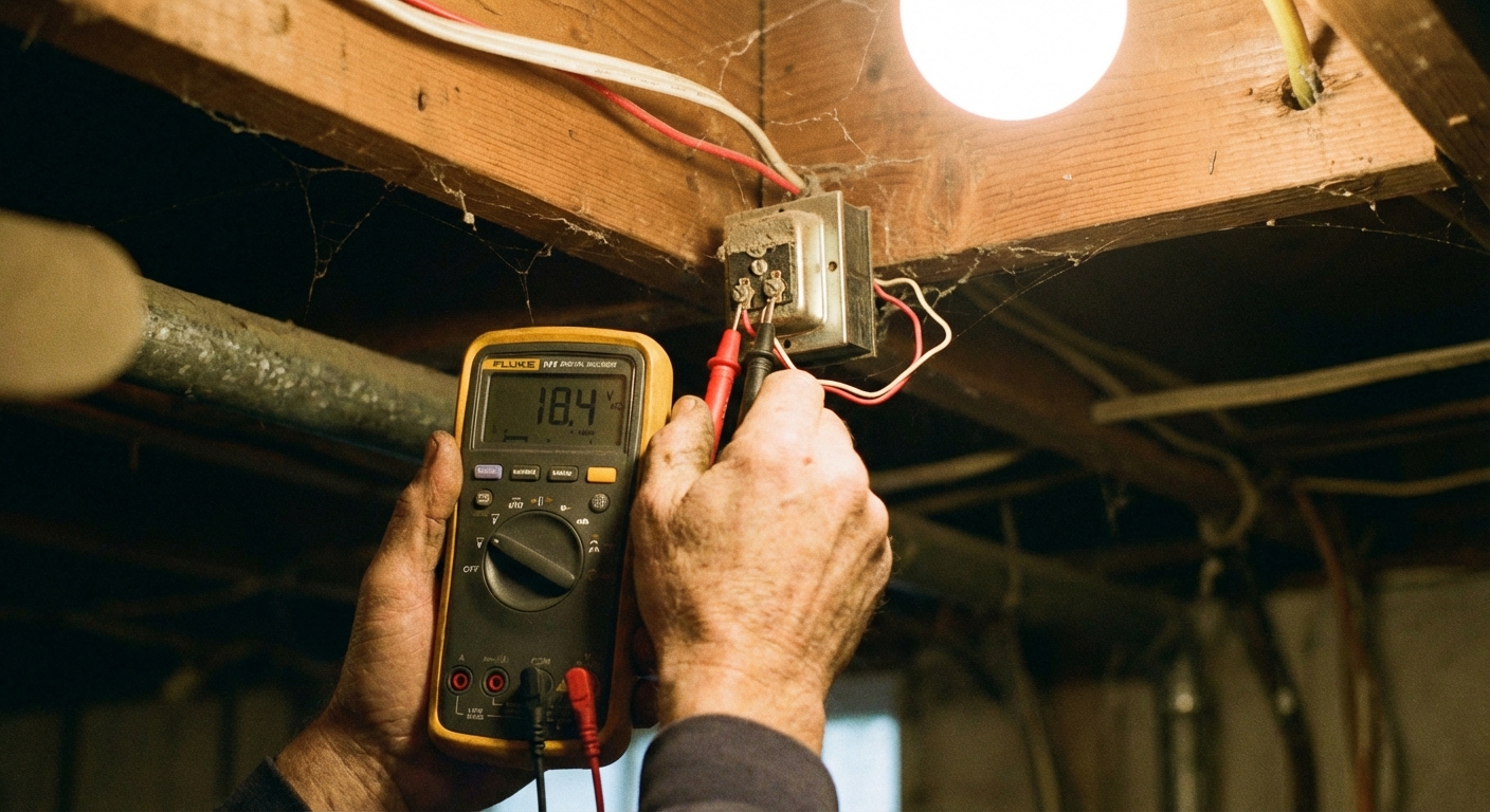 A real photo of a homeowner’s hands holding a digital multimeter near a small doorbell transformer mounted on a basement joist, with low-voltage wires visible and a utility light softly illuminating the area