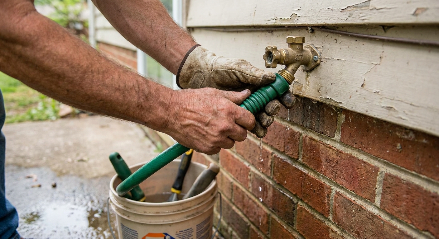 A real photo of a homeowner's hands unscrewing a green garden hose from an exterior faucet on a house, with a bucket on the ground