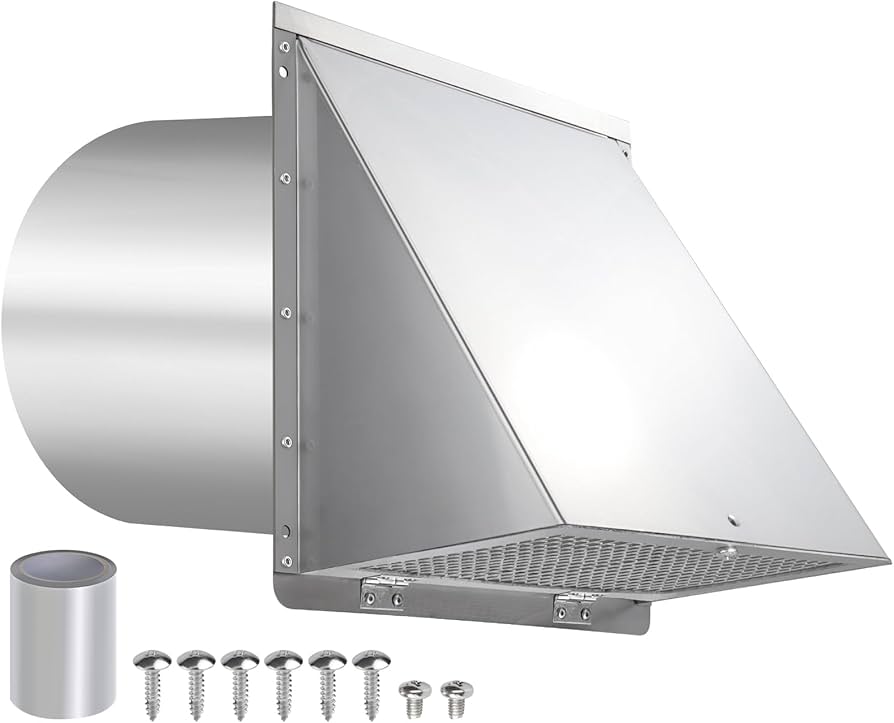 A real photo of a kitchen range hood exterior wall vent cap with the flap partially open on a brick wall