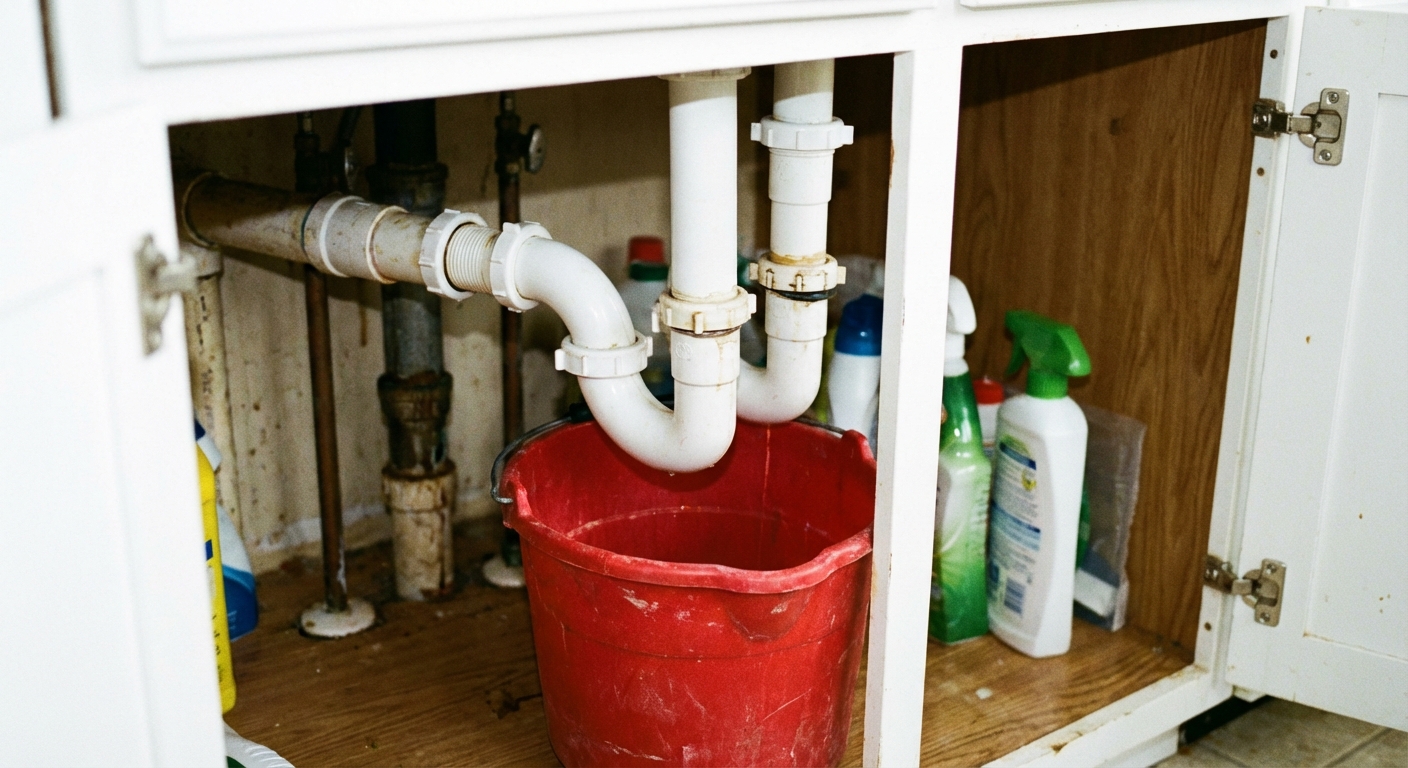 A real photo of a kitchen sink P-trap assembly under the cabinet with white plastic slip-joint nuts and a bucket positioned beneath it, sharp focus on the trap connections