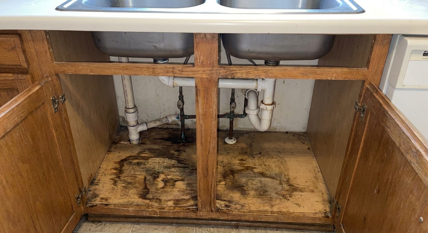 A real photo of a kitchen sink cabinet with the contents removed, showing water staining on the cabinet floor and plumbing lines under the sink