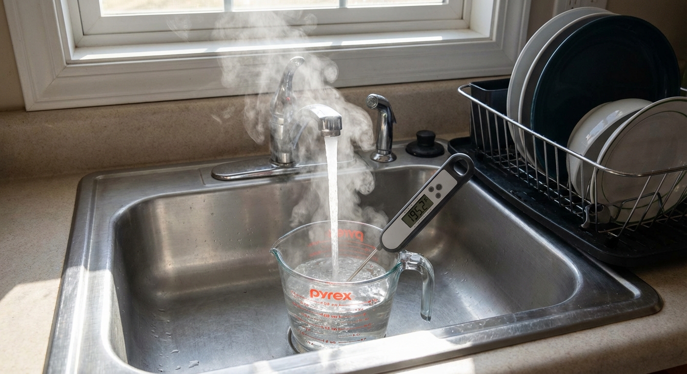 A real photo of a kitchen sink with hot water running into a clear glass measuring cup while a digital food thermometer probe measures the water temperature, bright natural light