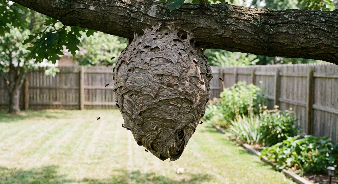 A real photo of a large enclosed hornet nest hanging from a tree branch in a backyard, paper-like layers visible, photographed from several yards away