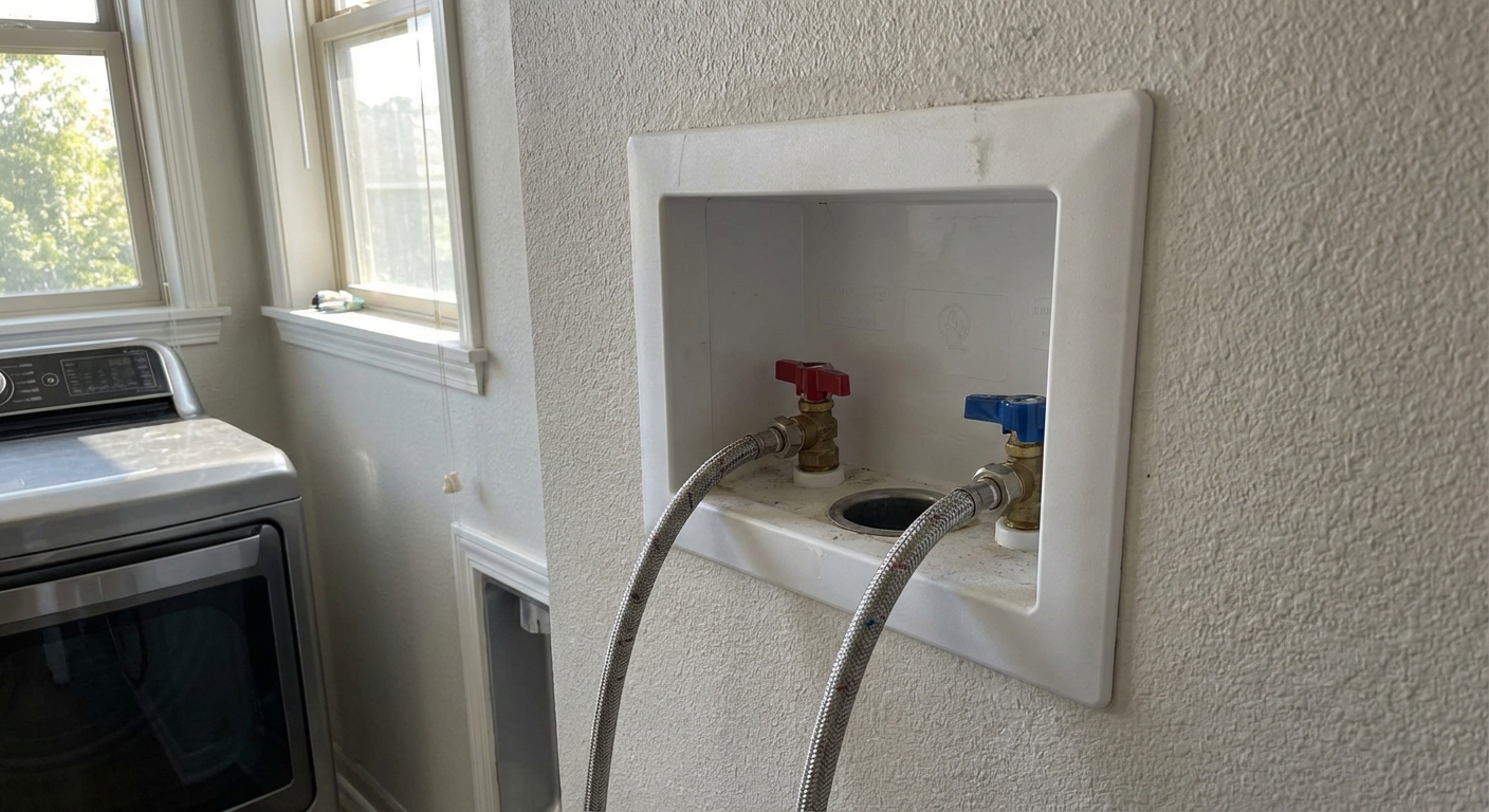 A real photo of a laundry room washer box recessed in the wall with two shutoff valves and hose connections visible, natural indoor lighting