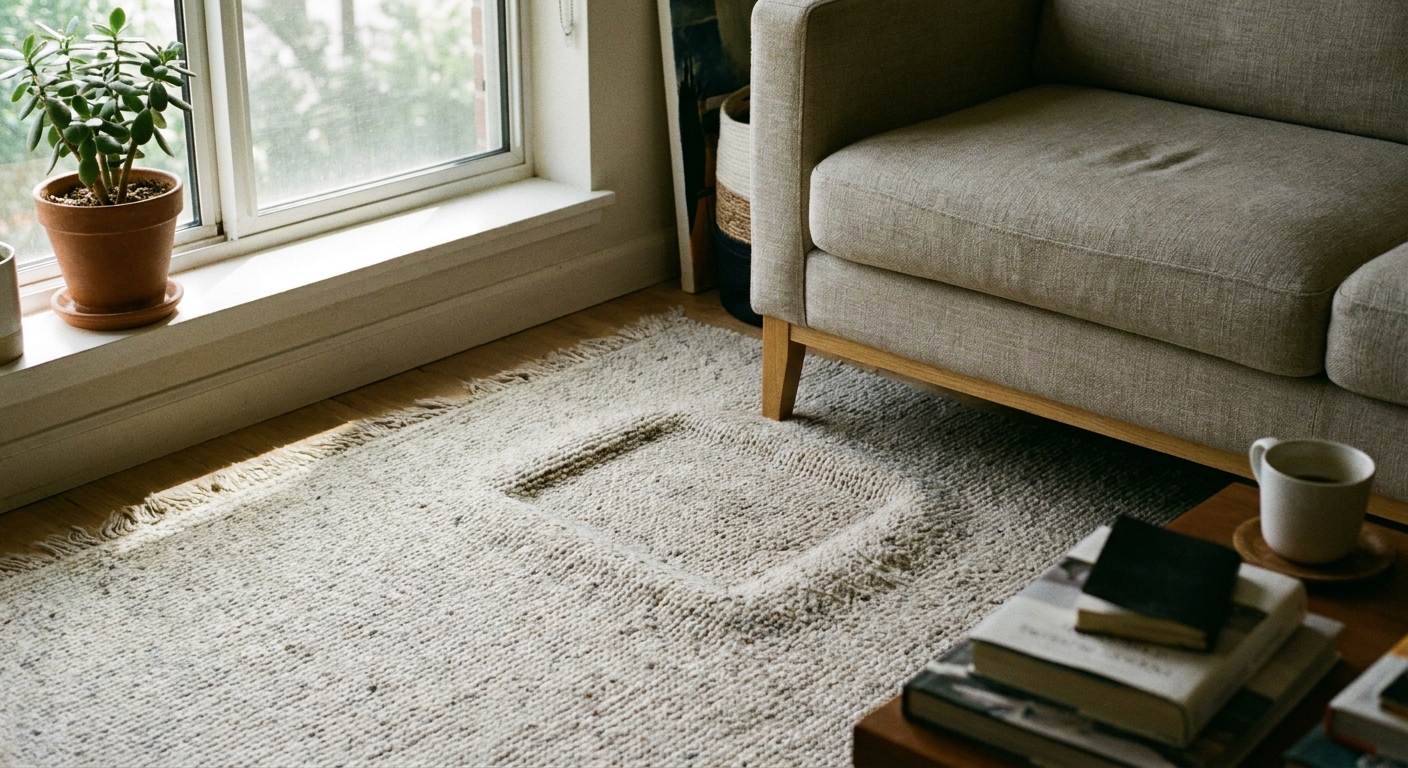 A real photo of a living room carpet with a visible square furniture dent near a sofa leg, natural daylight coming through a window