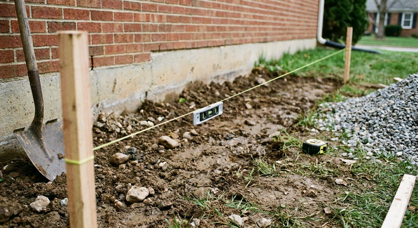 A real photo of a mason string pulled taut between two yard stakes with a small line level clipped to it, used to measure drainage slope away from a house