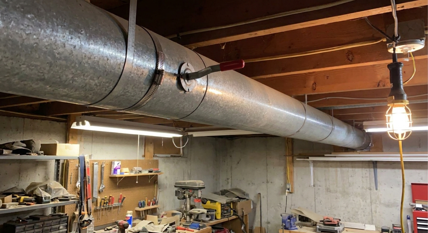 A real photo of a metal round HVAC duct in a basement with a manual damper lever and clamp band, workshop lighting