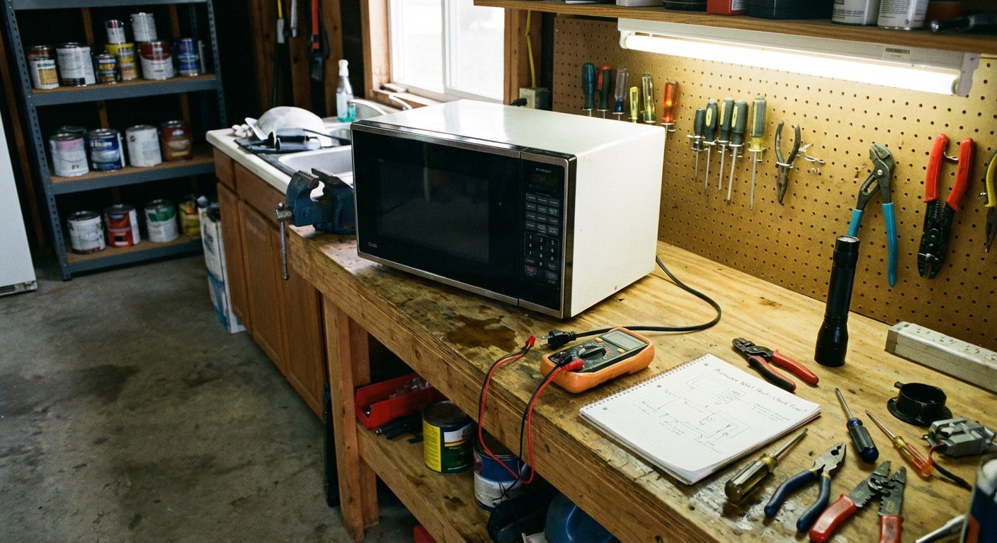 A real photo of a microwave sitting on a workbench in a garage with basic hand tools nearby, showing a DIY troubleshooting setup without the microwave opened