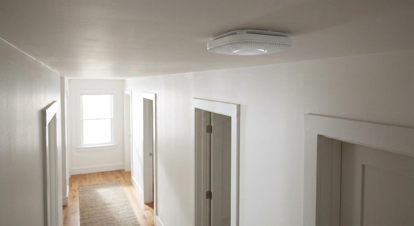 A real photo of a modern white smoke detector mounted on a hallway ceiling outside bedrooms with natural indoor lighting