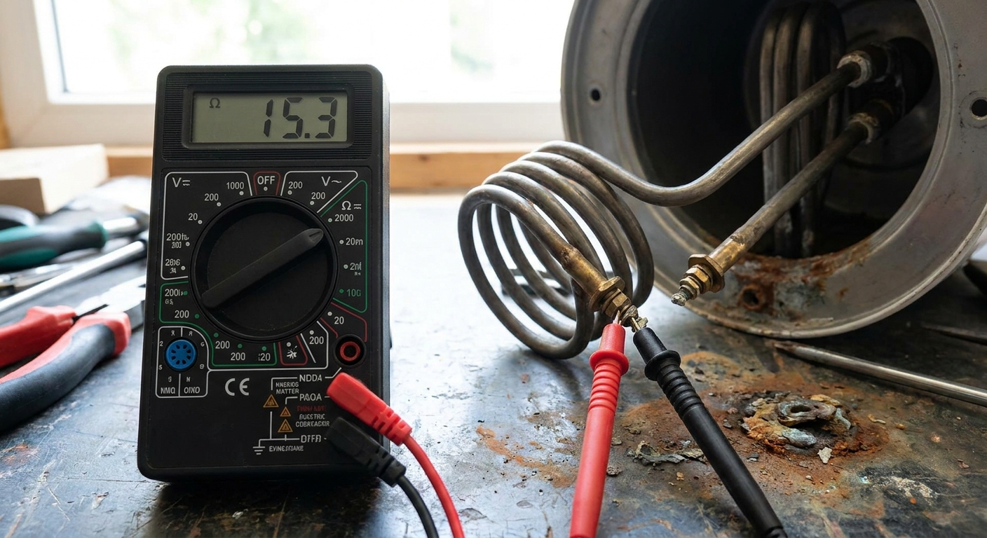A real photo of a multimeter set to ohms with probes touching the two screw terminals of an electric water heater heating element