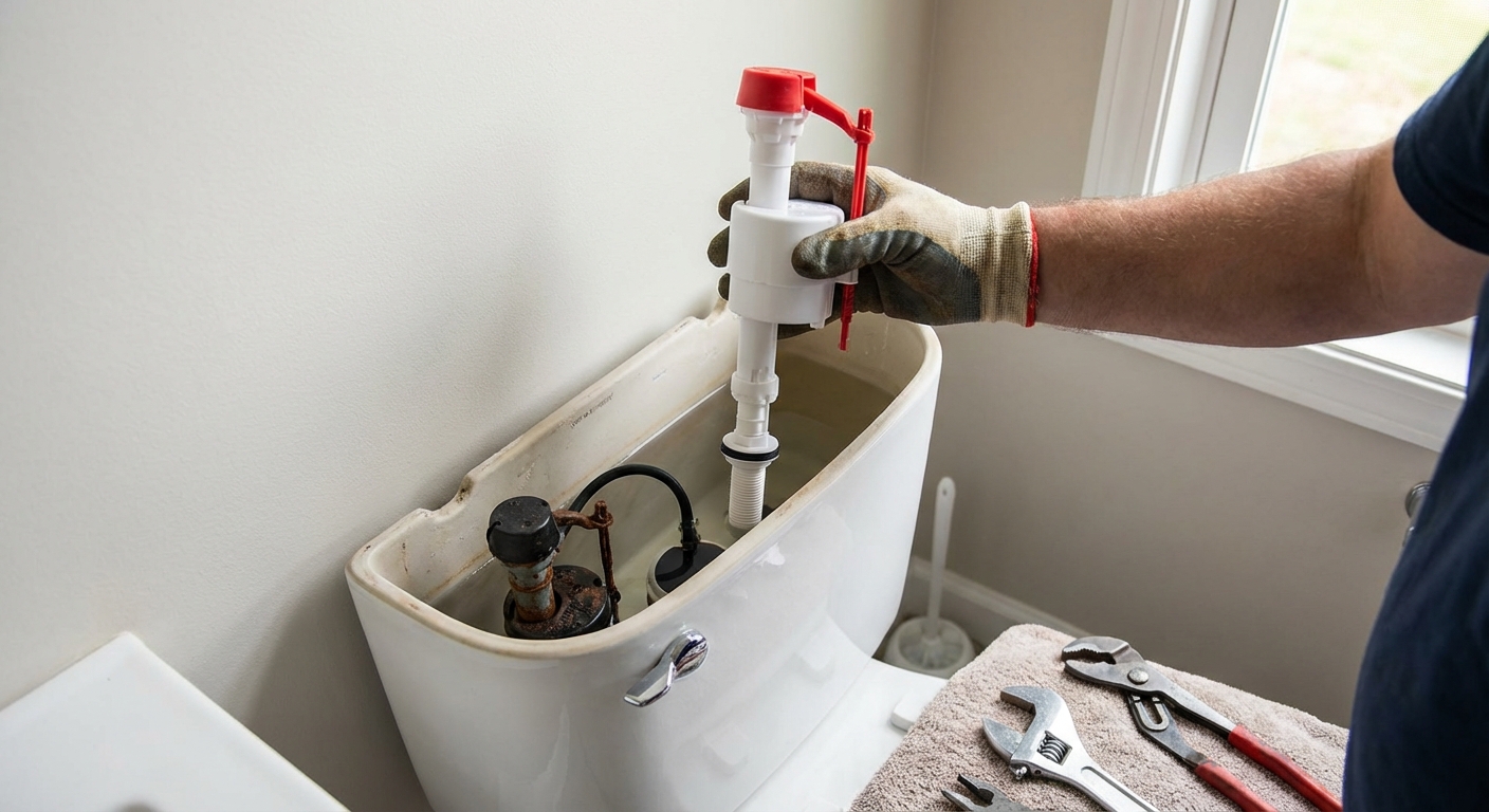 A real photo of a new universal toilet fill valve being lowered into an open toilet tank