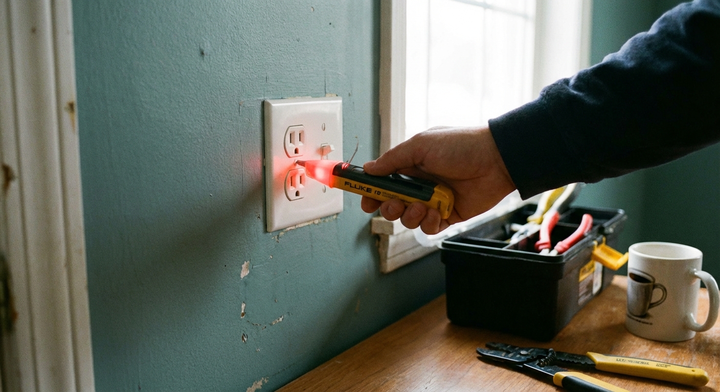A real photo of a non-contact voltage tester held near an outlet faceplate on a painted wall, showing a typical home DIY setting