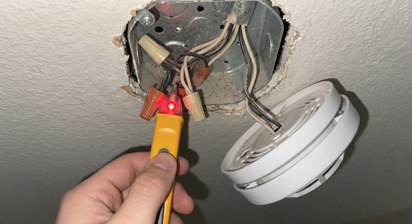 A real photo of a non-contact voltage tester held up to insulated wires inside a ceiling electrical box while a smoke detector is removed