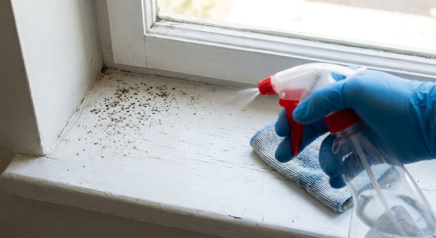 A real photo of a painted wood window sill with small dark mold specks near a corner and a gloved hand holding a spray bottle during cleanup