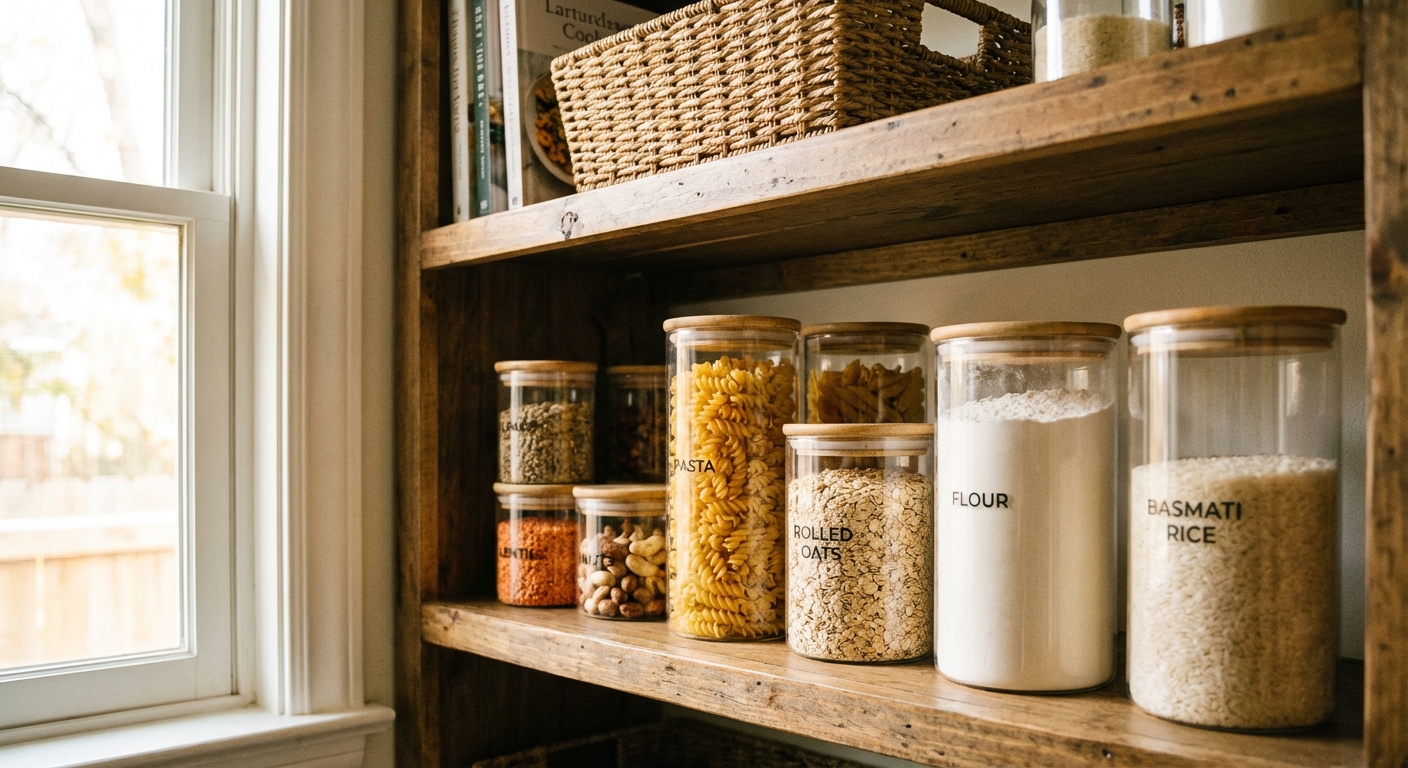 A real photo of a pantry shelf organized with clear airtight containers holding flour, rice, pasta, and oats, natural kitchen lighting, front-facing view