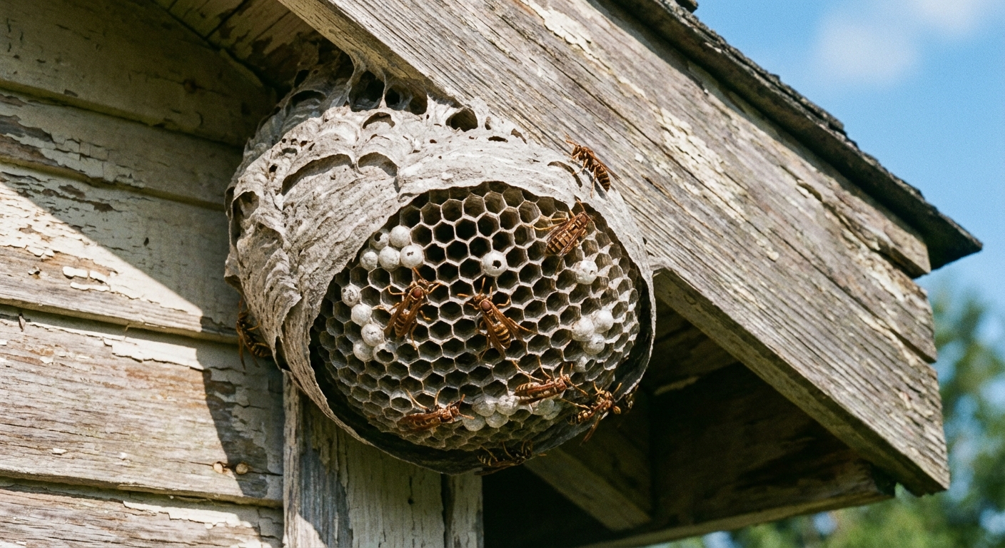 A real photo of a paper wasp nest attached under a house eave in daylight, with several wasps visible on the gray papery cells, taken from a safe distance