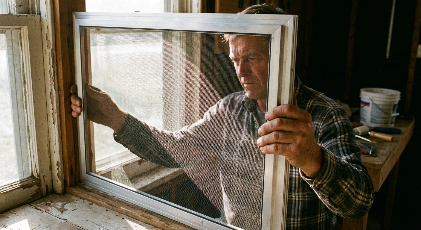 A real photo of a person holding a newly rescreened window screen frame up to a window opening in daylight, checking the fit before snapping it into place