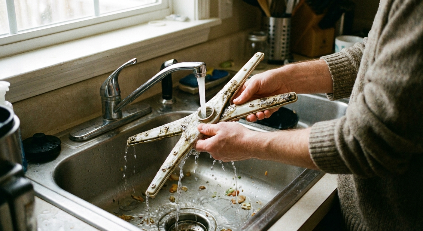 A real photo of a person holding a removed dishwasher spray arm over a kitchen sink while rinsing it under running water, natural lighting