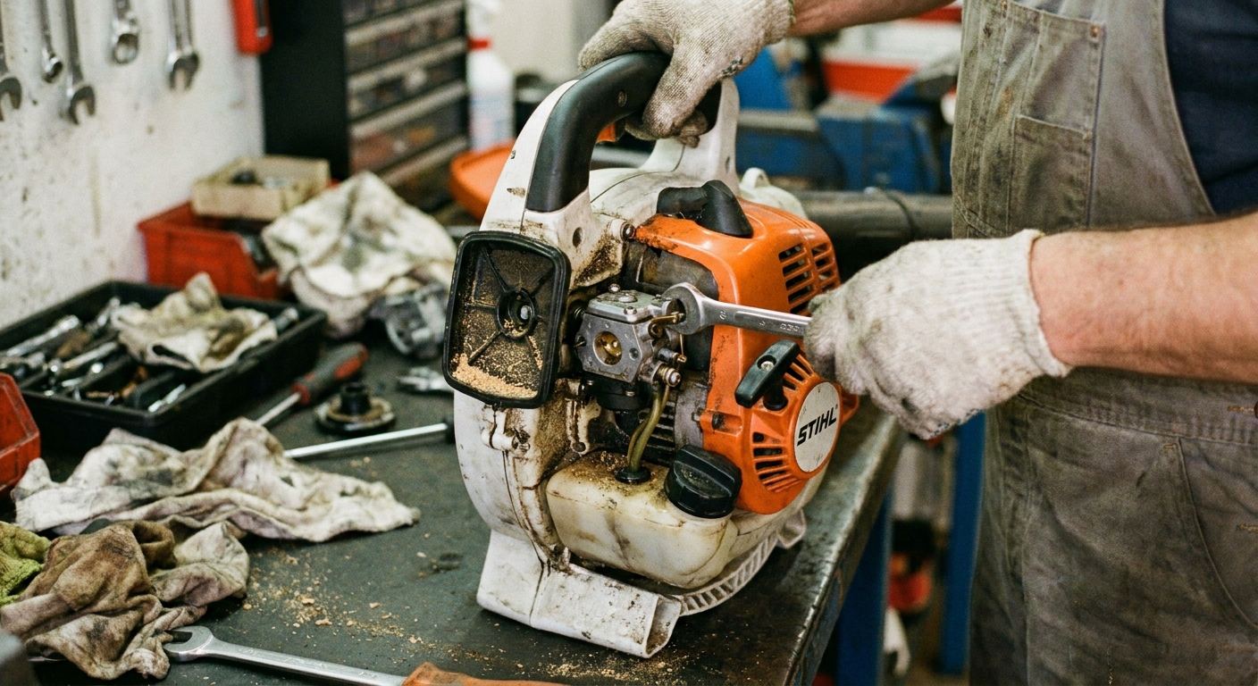A real photo of a person loosening bolts to remove a carburetor from a handheld gas leaf blower with the air filter cover removed
