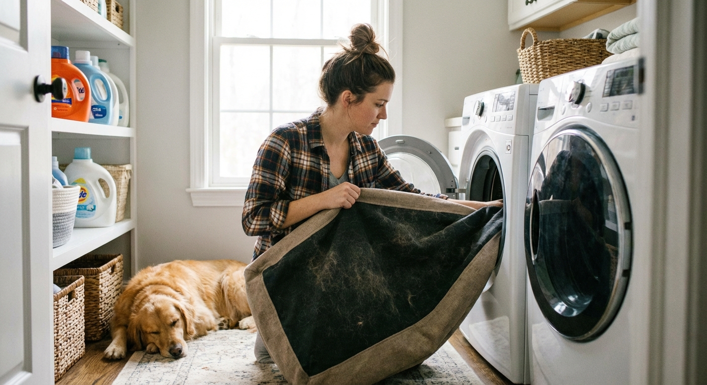 A real photo of a person placing a washable dog bed cover into a home washing machine, bright laundry room lighting, natural candid feel
