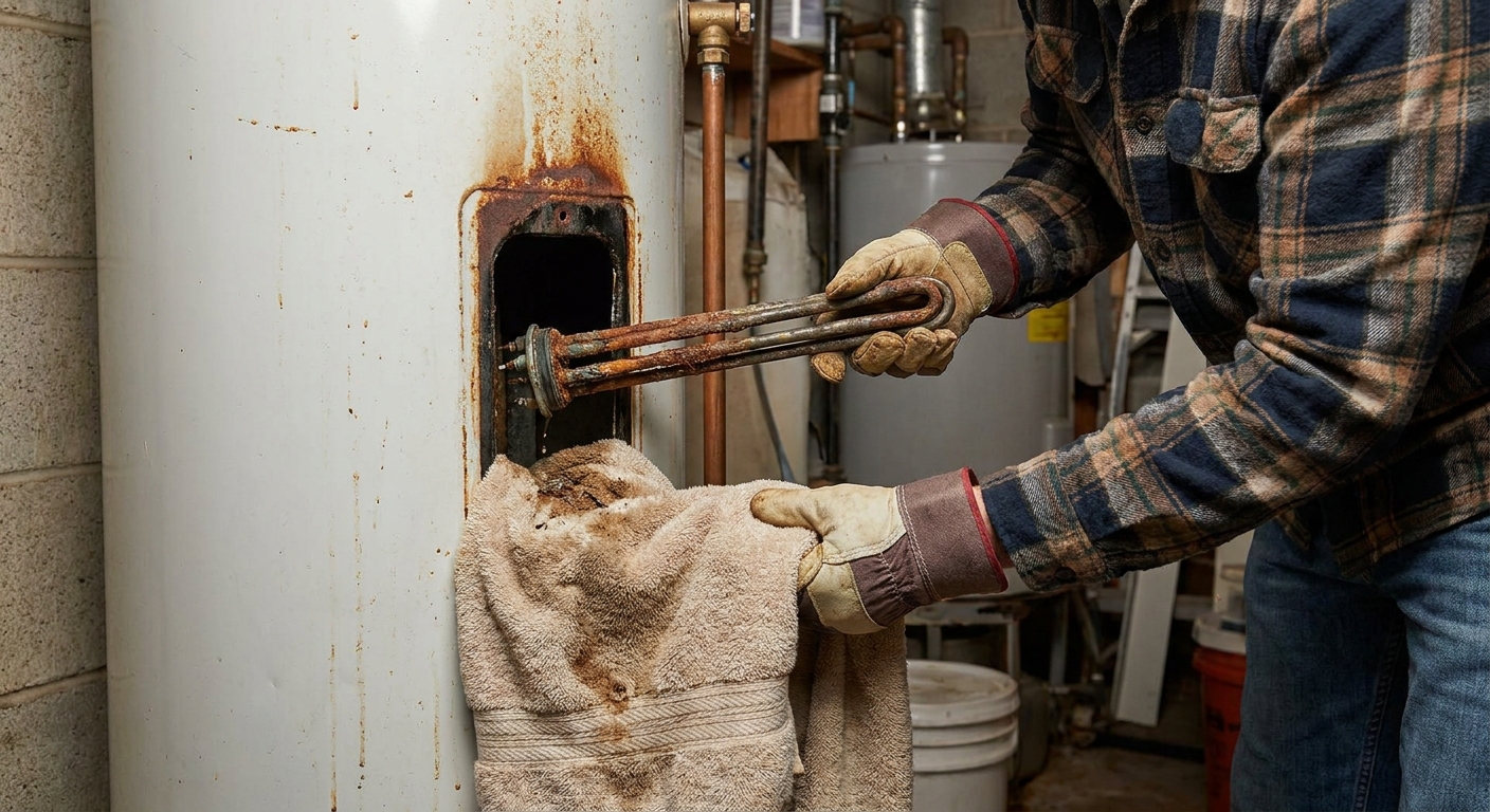A real photo of a person pulling a long electric water heater heating element out of the tank opening with a towel held underneath