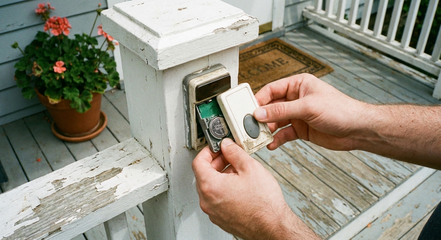 A real photo of a person sliding the back cover off a wireless doorbell button to reveal a small coin cell battery compartment on a front porch