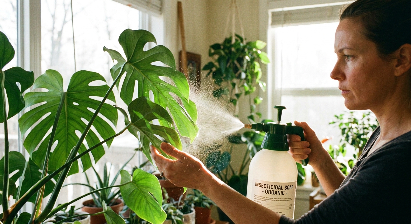 A real photo of a person spraying insecticidal soap onto the underside of houseplant leaves in a well-lit room