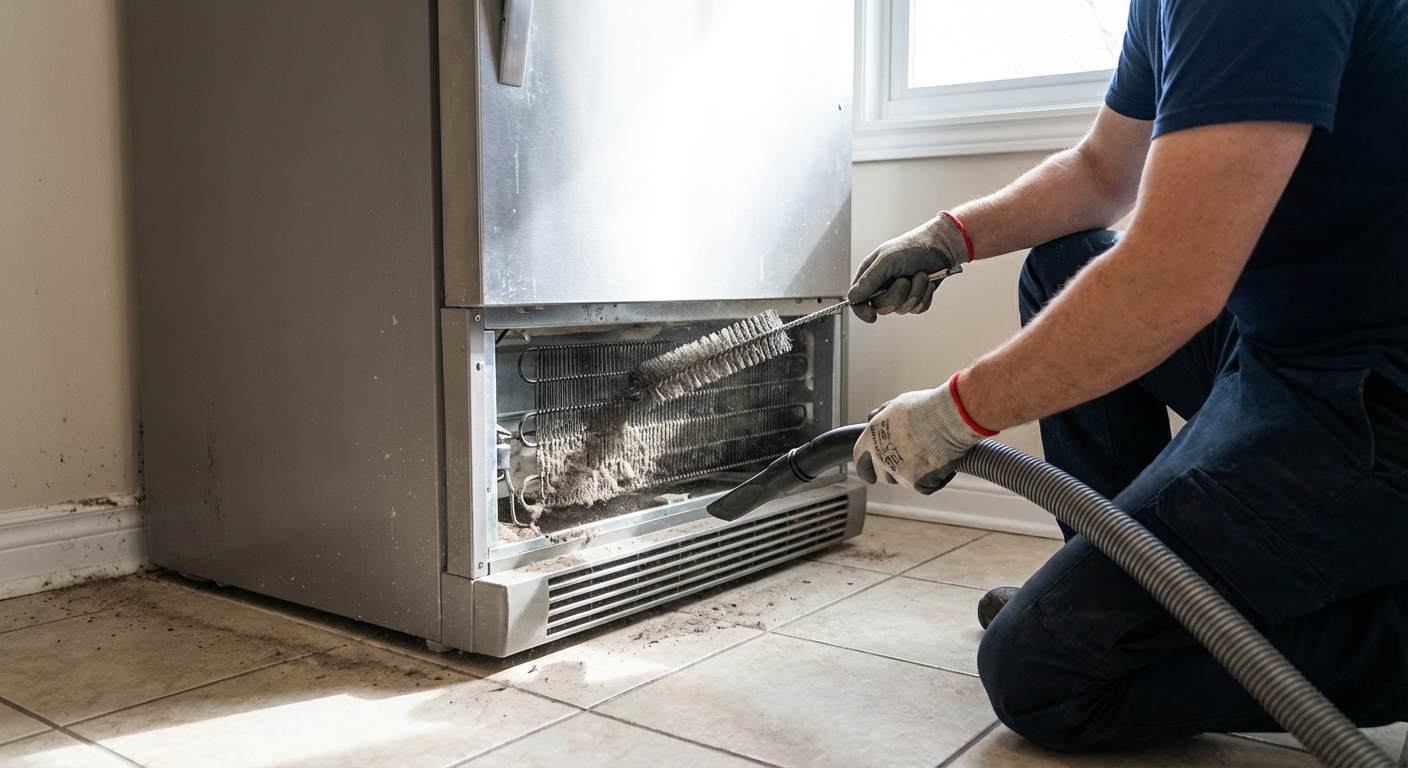 A real photo of a person using a coil brush and vacuum attachment to clean dusty condenser coils behind the lower front grille of a refrigerator, with the fridge pulled slightly away from the wall on a kitchen floor