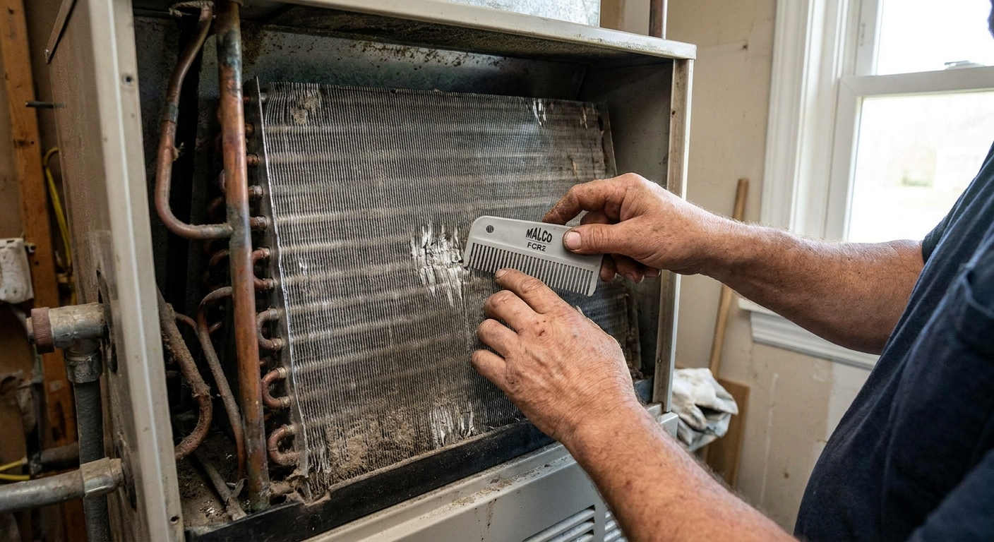 A real photo of a person using a fin comb to gently straighten a small section of bent aluminum fins on an indoor evaporator coil