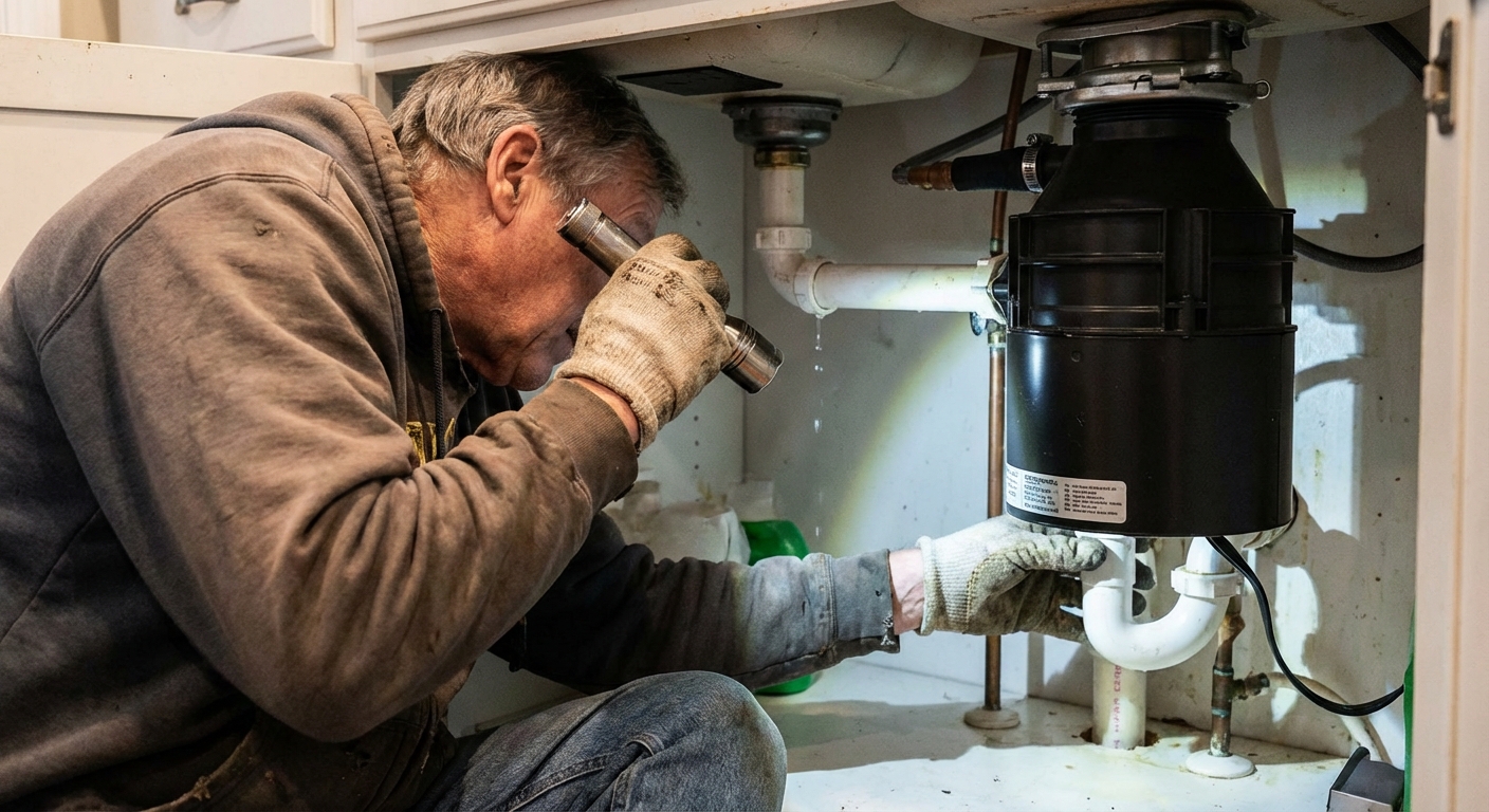 A real photo of a person using a flashlight to inspect plumbing connections under a kitchen sink with a garbage disposal installed, looking for water drips