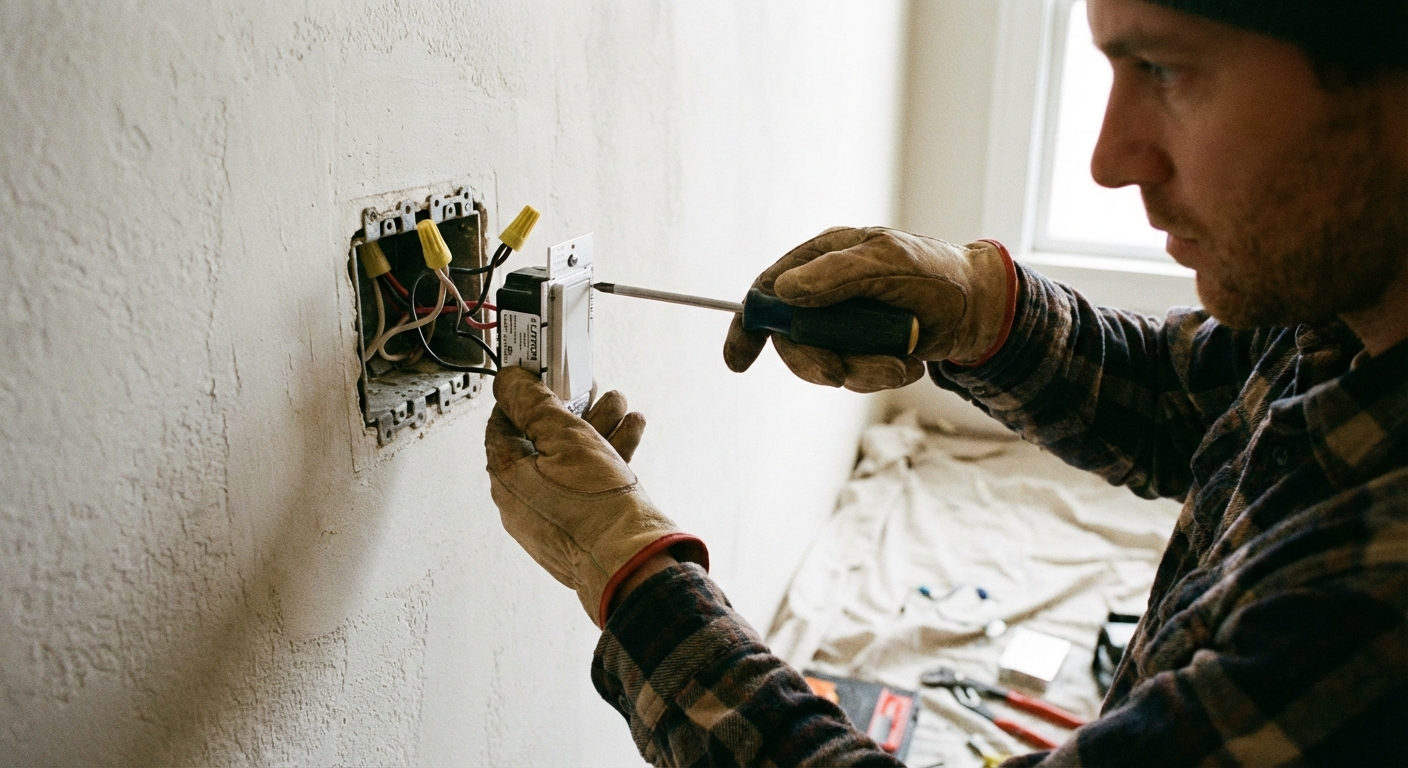A real photo of a person using a screwdriver to secure a new dimmer switch into a wall electrical box