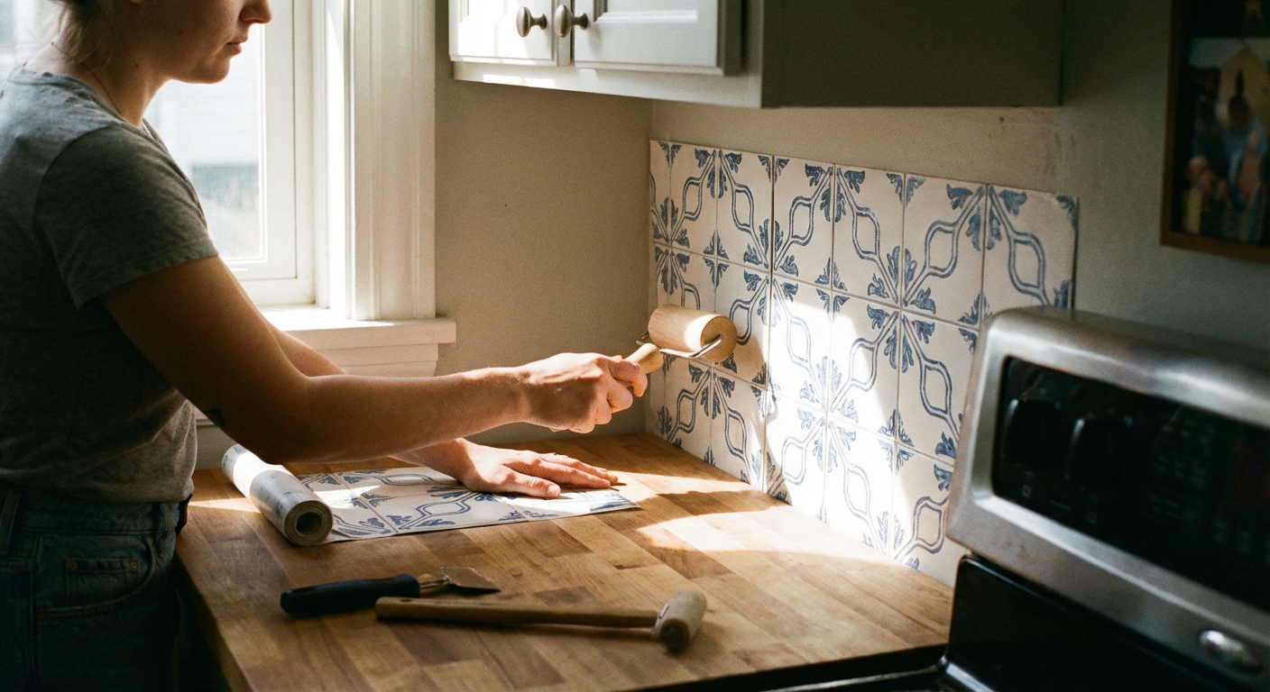 A real photo of a person using a small hand roller to press peel-and-stick backsplash tiles onto a kitchen wall above a countertop, natural indoor light