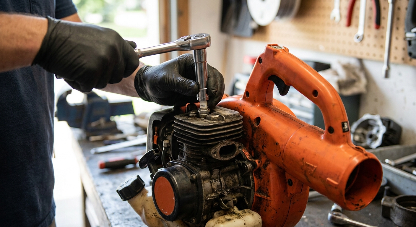 A real photo of a person using a spark plug socket to remove a spark plug from a small gas leaf blower engine