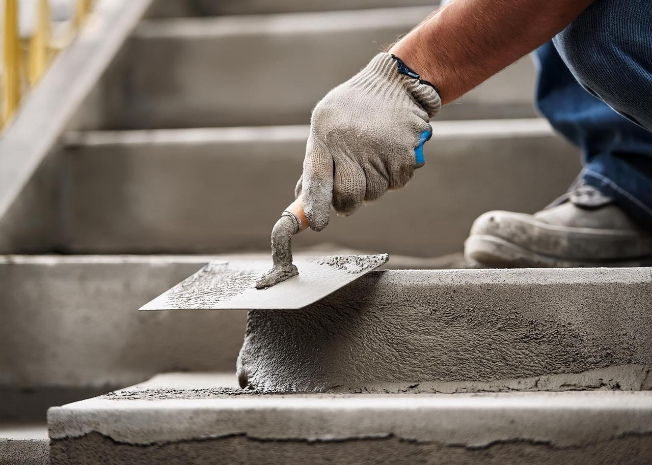 A real photo of a person using a steel trowel to apply polymer-modified repair mortar to a chipped concrete stair tread edge outdoors