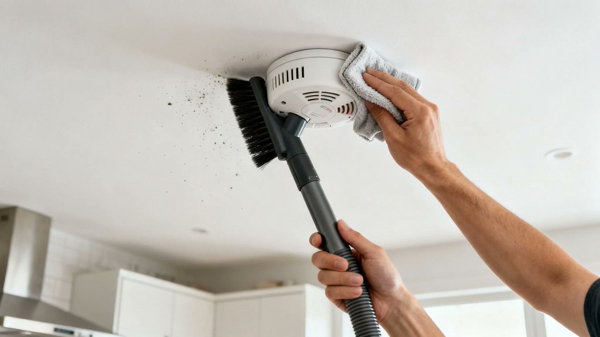 A real photo of a person using a vacuum brush attachment to clean dust from the vent slots of a ceiling-mounted smoke detector