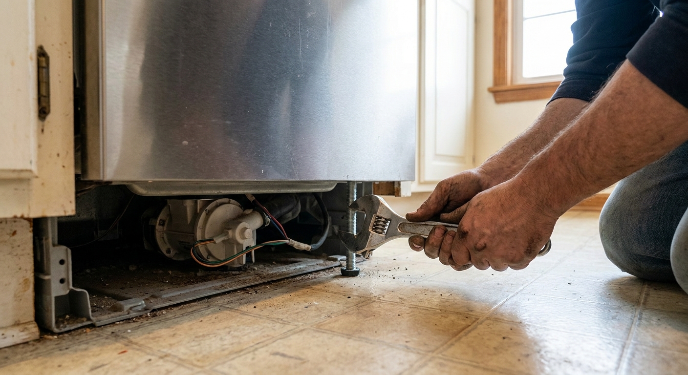 A real photo of a person using an adjustable wrench to turn a dishwasher front leveling leg at the bottom front corner with the toe kick removed