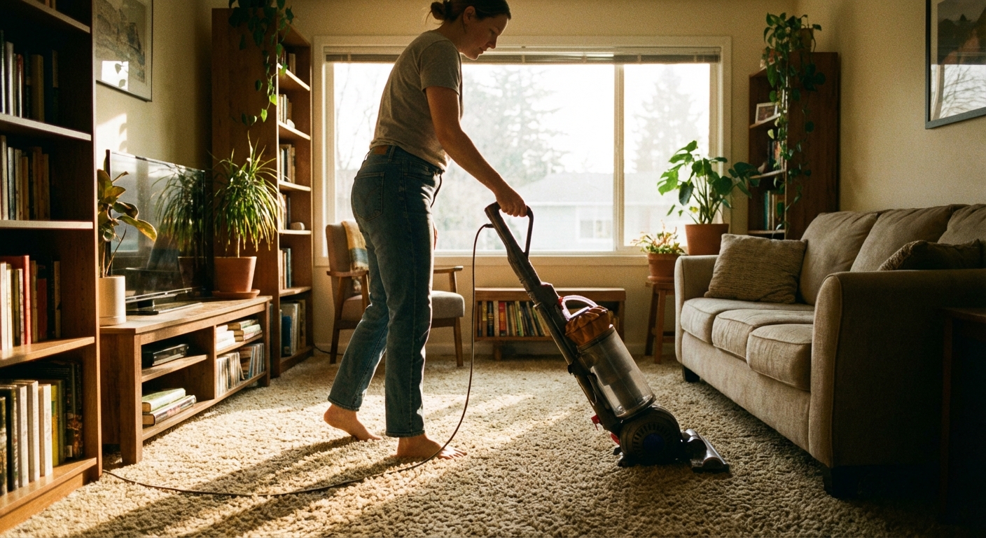 A real photo of a person vacuuming a carpeted living room floor with an upright vacuum, sunlight coming through a window, normal home setting