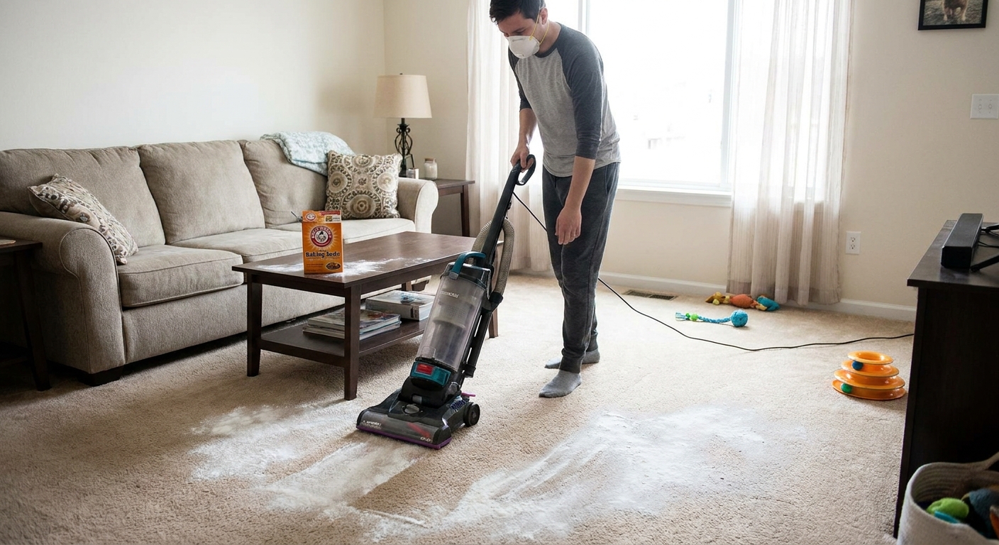A real photo of a person vacuuming a light-colored living room carpet after sprinkling baking soda to help remove skunk odor