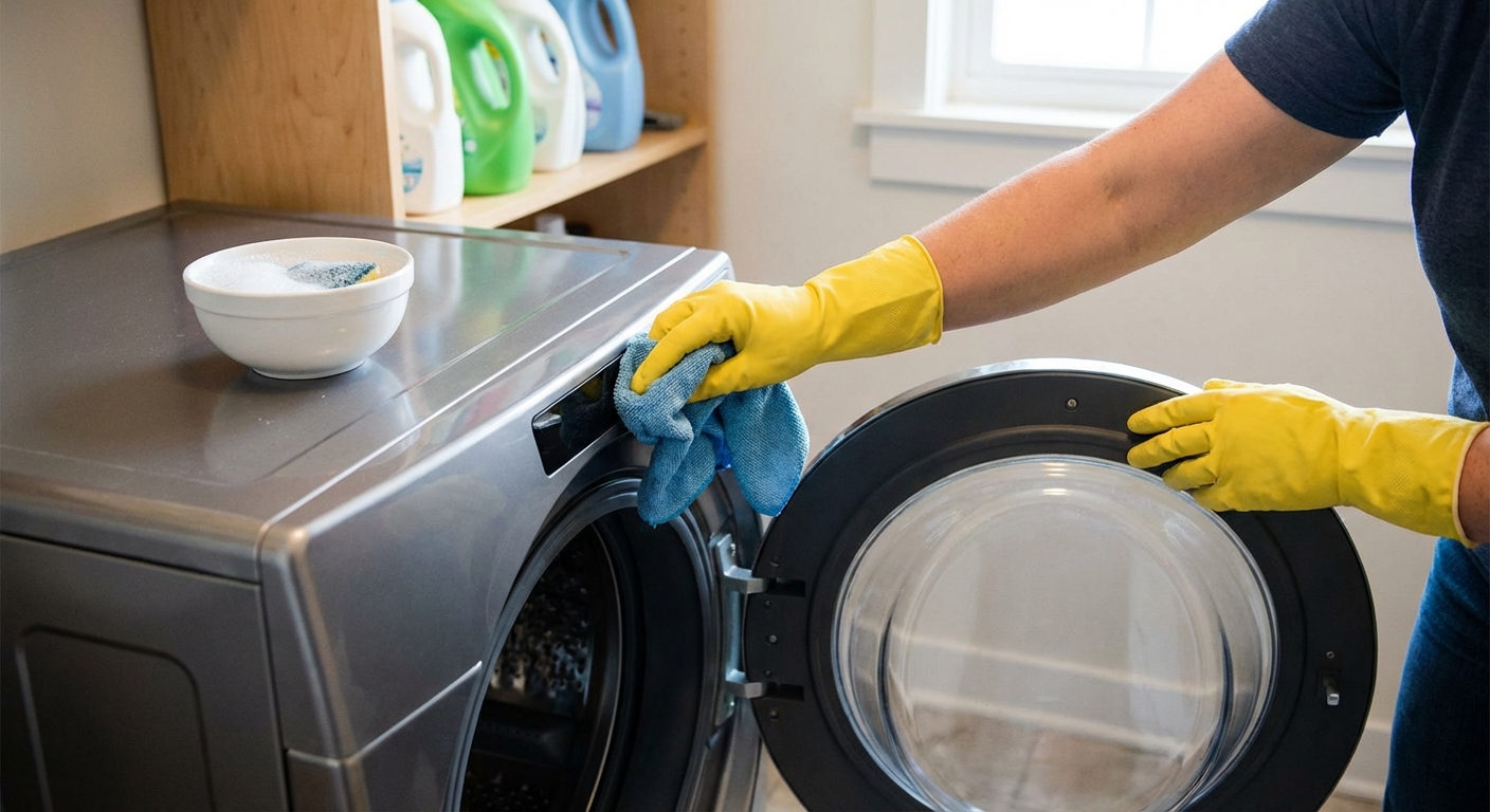 A real photo of a person wearing rubber gloves wiping the rubber door seal of a front-load washer with a damp cloth, with a small bowl of soapy water on top of the machine, laundry room setting
