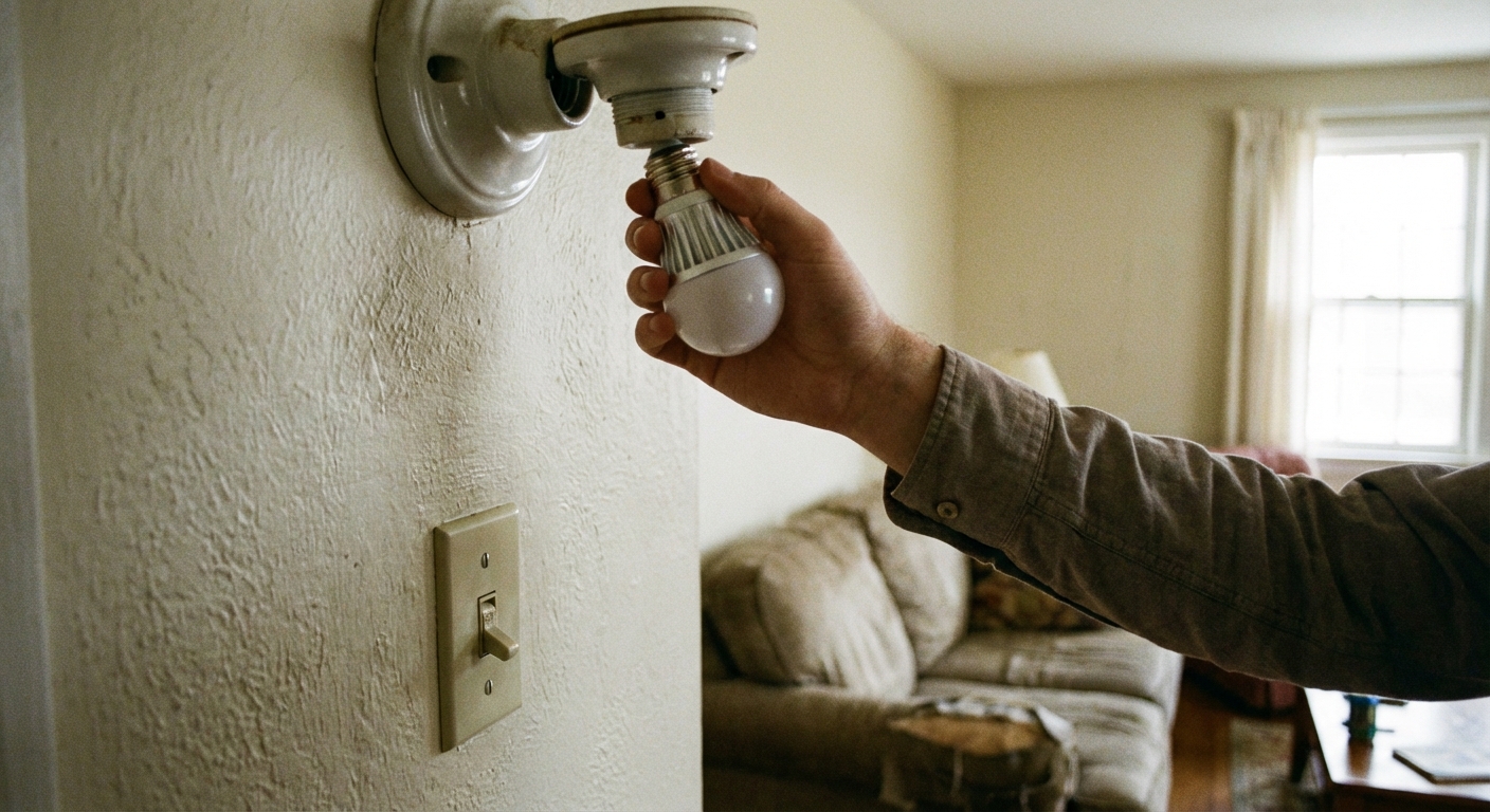 A real photo of a person’s hand installing an LED bulb into a ceiling light socket with the switch off, taken in a typical home, showing careful alignment of the bulb base