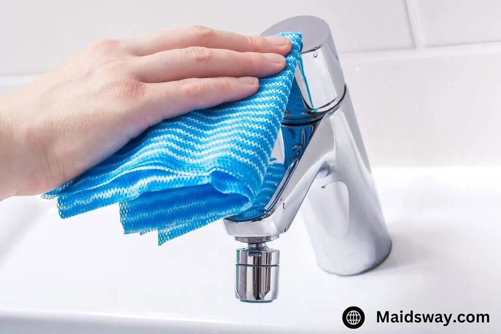 A real photo of a person’s hand wiping a chrome bathroom faucet with a vinegar-dampened microfiber cloth, focusing on the base where mineral buildup typically forms
