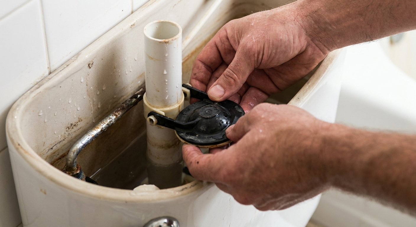 A real photo of a person’s hands inside an open toilet tank removing a black rubber flapper from the overflow tube ears