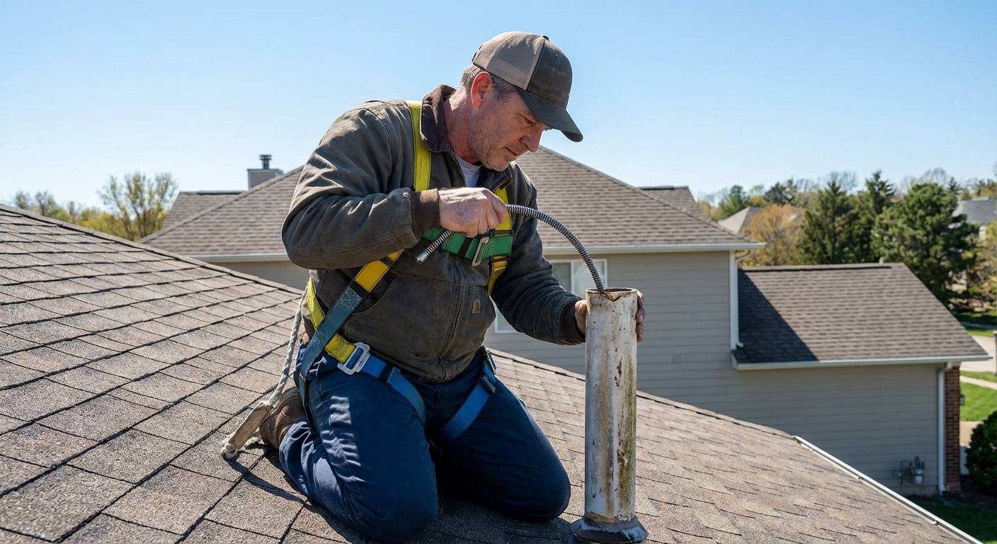 A real photo of a plumber on a residential roof next to a vertical plumbing vent pipe, using a hand tool to check the opening, clear sky, realistic home exterior