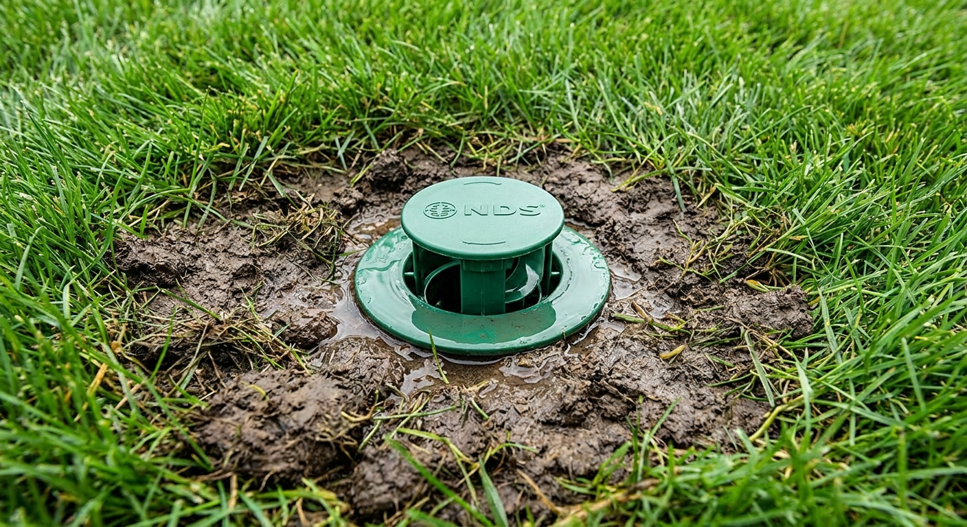 A real photo of a pop-up gutter drain emitter sitting flush in a green lawn with damp soil around it