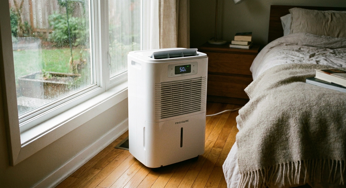 A real photo of a portable dehumidifier running in a bedroom near a window with slight condensation on the glass