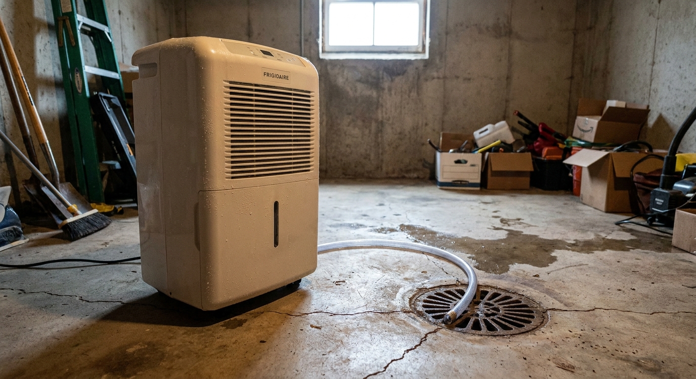 A real photo of a portable dehumidifier running on a basement concrete floor near a floor drain with a hose draining into it