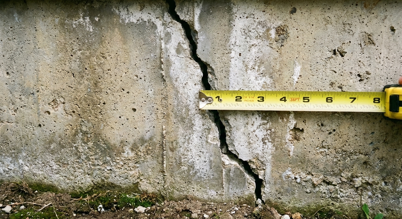 A real photo of a poured concrete foundation wall with a wide crack where one side is slightly offset, photographed straight-on with a tape measure showing the crack width near the center