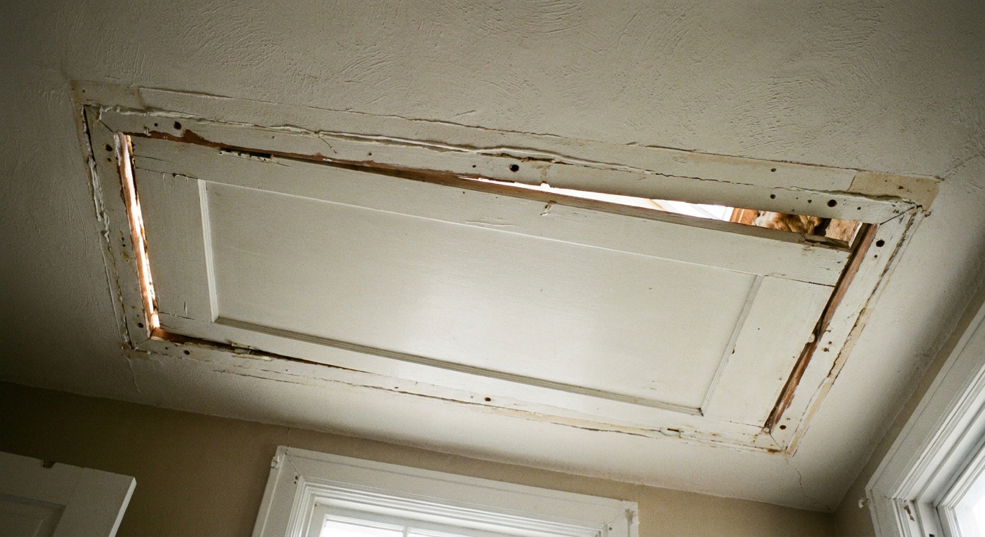 A real photo of a pull-down attic stair door closed in a ceiling opening with an uneven gap showing misalignment around the perimeter