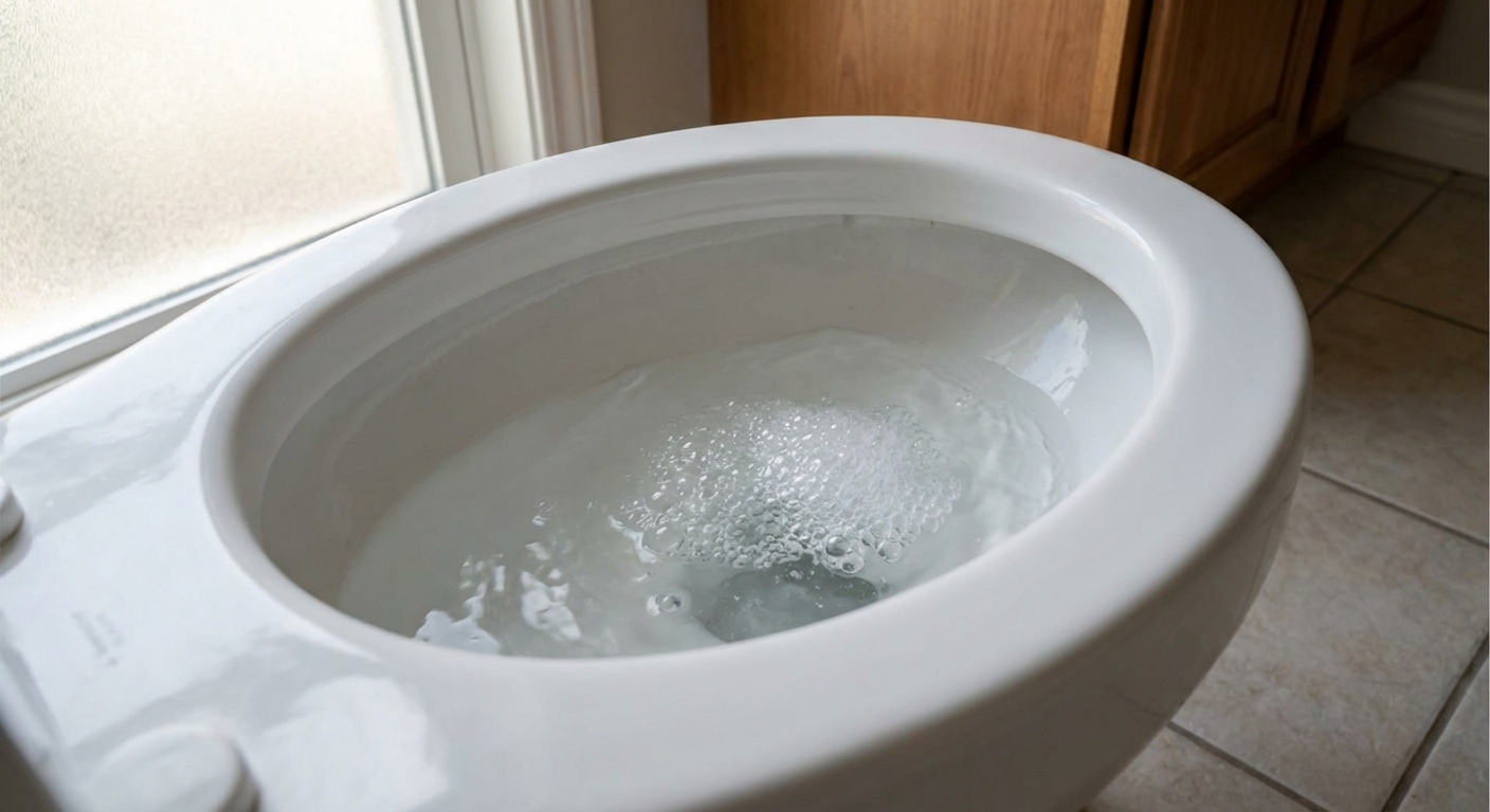 A real photo of a residential bathroom toilet bowl with small bubbles rising in the water after a flush, natural indoor lighting, close-up angle showing the rim and water surface